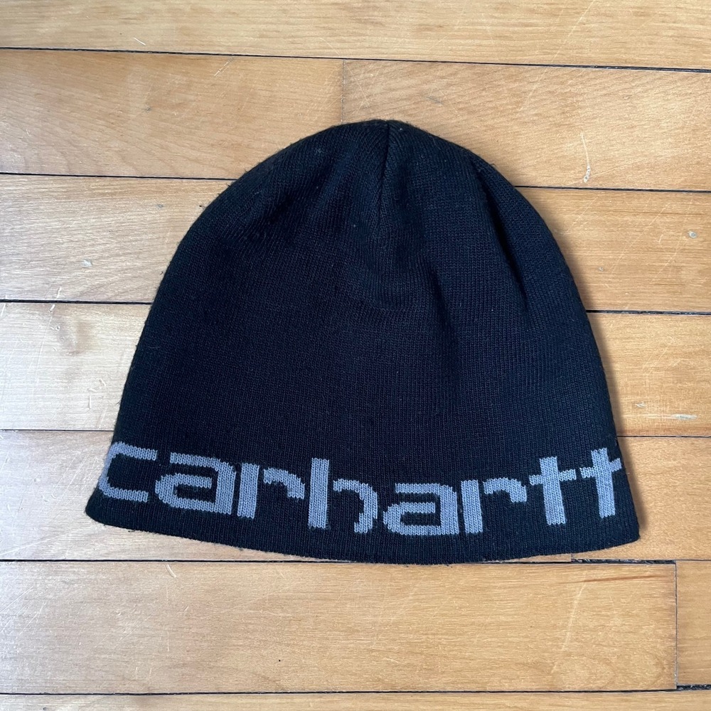 Carhartt Reversible Logo Beanie Black Grey Knit Skull Cap Hat